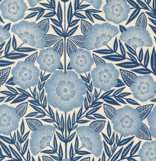 Flower Press - Ecru & Indigo Floral - PER 1/4 YARD