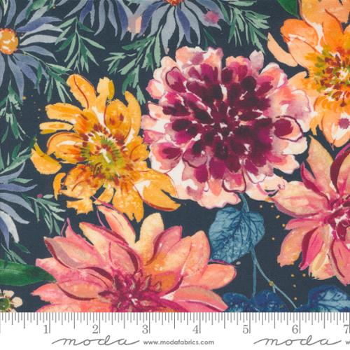 Floribunda - Retro Harvest Large Floral Fall Sunflowers, Midnight - PER 1/4 YARD