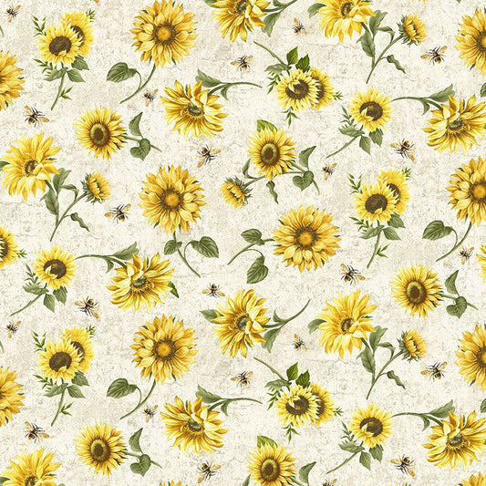 Honey Bee Farm - Tossed Bee and Sunflower, Cream - PER 1/4 YARD