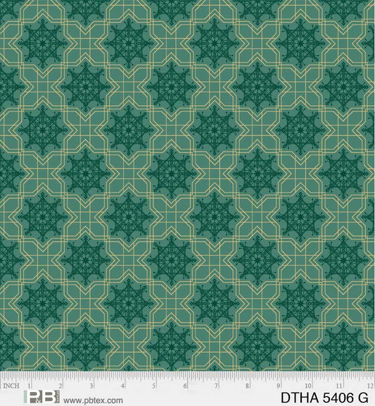 Deco the Halls - Snowflake Geo, Green - PER 1/4 YARD