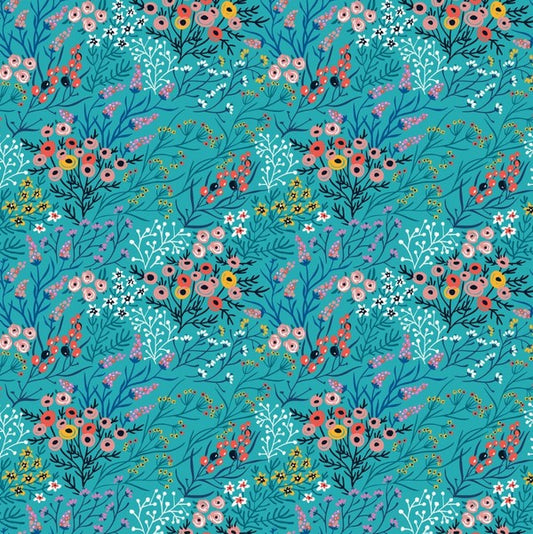 Whimsy - In The Beginning Fabrics Whimsy Wild Flower Clusters, Teal - PER 1/4 YARD