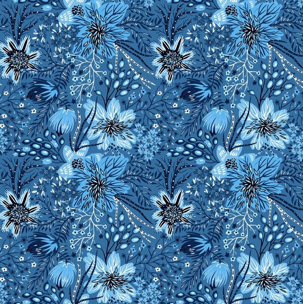 Whimsy - In The Beginning Fabrics Whimsy Strawflowers and Allium, Blue - PER 1/4 YARD