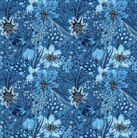 Whimsy - In The Beginning Fabrics Whimsy Strawflowers and Allium, Blue - PER 1/4 YARD