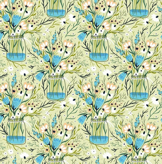 Whimsy - In The Beginning Fabrics Whimsy Wild Flowers in Mason Jars, Green - PER 1/4 YARD