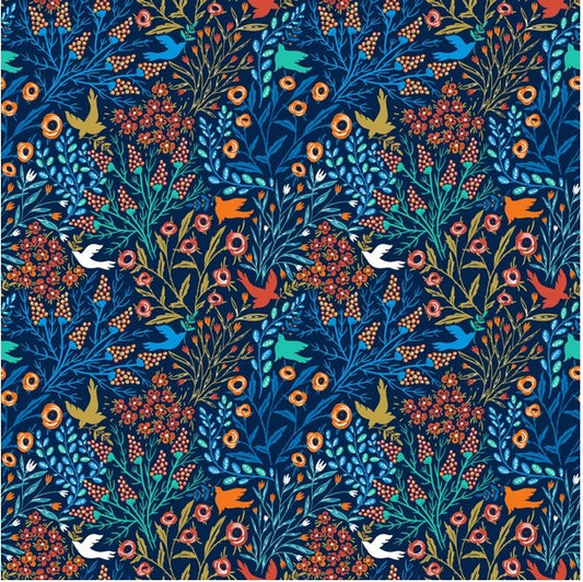 Whimsy - In The Beginning Fabrics Whimsy Wild Flowers and Birds, Blue - PER 1/4 YARD