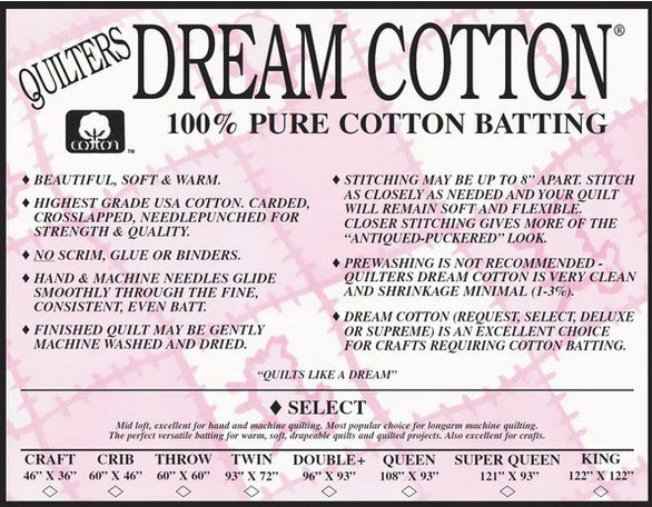 Quilters Dream Batting - Select Dream Cotton White - Queen size 108" x 93"