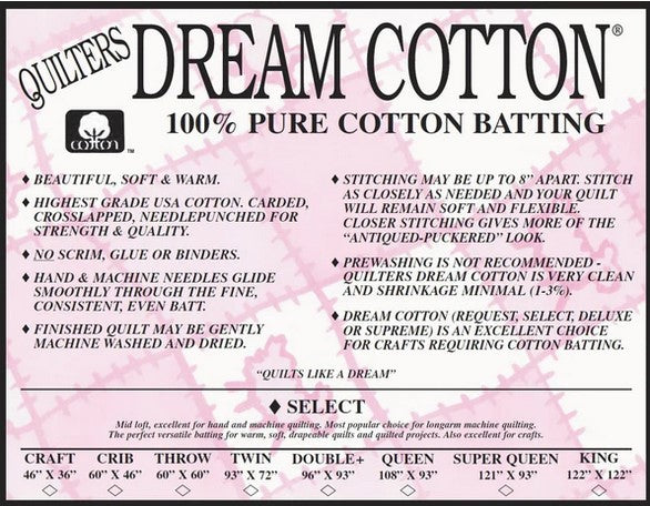 Quilters Dream Batting - Select Dream Cotton Natural - Throw Size 60" x 60"